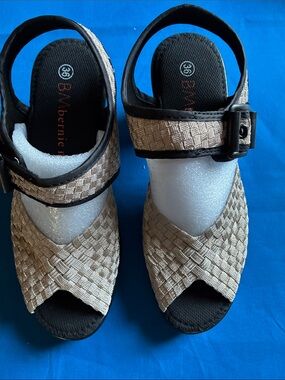 bernie mev. Beige Woven Slingback Wedges with Black Trim